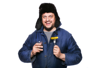 Happy, crazy russian man with vodka and appetizer
