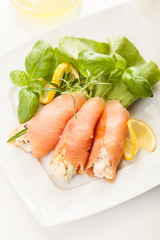 Smoked salmon roll with vegetable salad