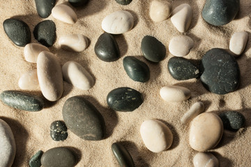 Closeup of stones sticking out of the sand in the sunlight