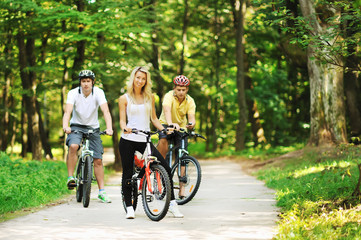 Fototapeta premium Group of attractive happy people on bicycles in the countryside