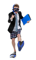 Full-length portrait of business man wearing fins