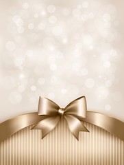 Holiday gold background with gift glossy bow and ribbon. Vector