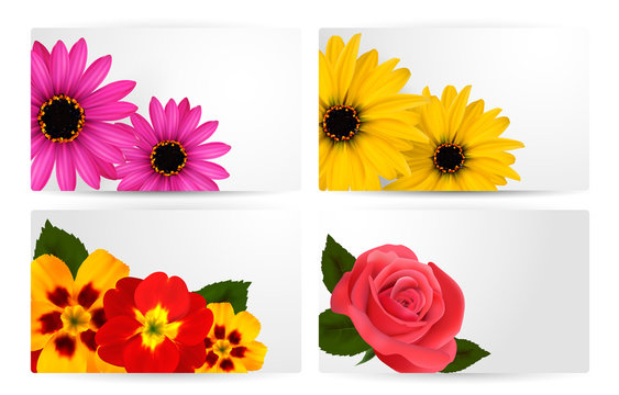 Set of gift cards with different colorful flower. Vector