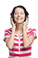Woman with earphones listens to music