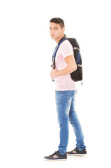 Fototapeta premium student wearing a backpack on white background