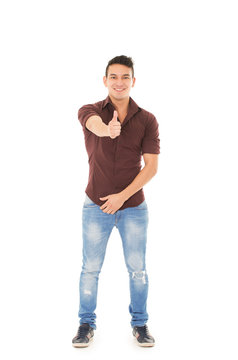 happy hispanic man celebrating on white background