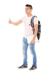 student wearing a backpack on white background