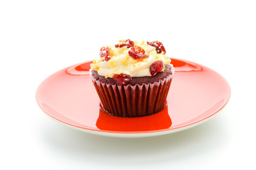 Red cupcake velvet isolated white background
