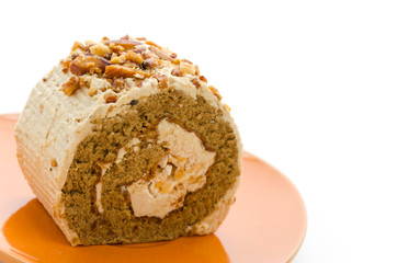Roll coffee cake isolated on white background