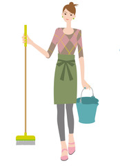 モップとバケツ持つ女性。掃除