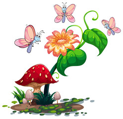A blooming flower surrounded with three butterflies