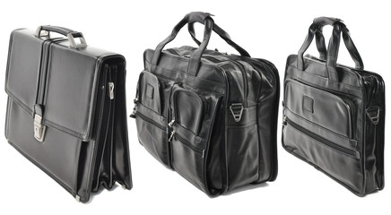 Three black leather bags isolated on white background. Set brief