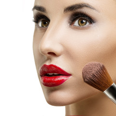 Makeup. Make-up closeup. Cosmetic Powder Brush.Perfect Skin