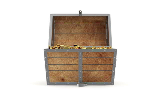 Animation of Open Treasure Chest with Golden Coins. Alpha Matte