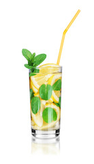 Iced tea with lemon and mint on white background