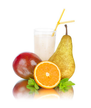 cocktail, mango, orange, pear isolated on white background with