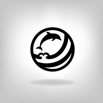 Emblem of a dolphin over the sea on a light background