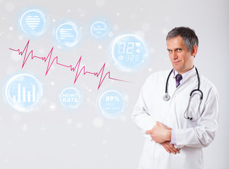 Doctor examinating modern heartbeat graphics