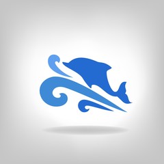 Emblem of a dolphin over the sea on a light background
