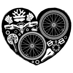 black and white bike parts in form of heart shape