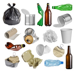 Samples of trash for recycling isolated on white background