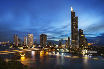 Urban City Skyline, Chao Phraya River, Bangkok, Thailand.