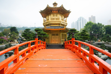 The Golden pavilion and red bridge in Nan Lian Garden, Hong Kong