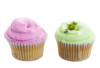 two cupcakes pink and green