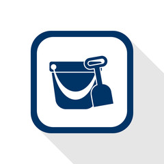 square blue icon pail and shovel with long shadow