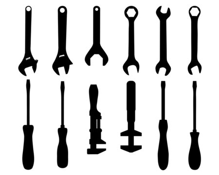 Black silhouettes of screwdriver and screw wrench, vector