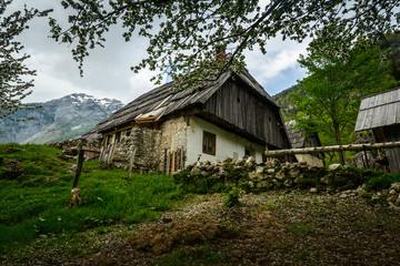 Traditional Slovenian house in the mountains village in spring.