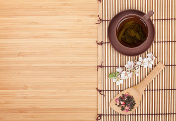 Japanese green tea and sakura branch