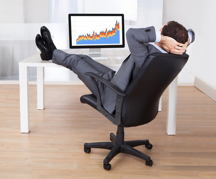 Businessman With Feetup Relaxing At Computer Desk - Powered by Adobe