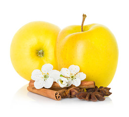 Ripe yellow apple with cinnamon sticks, anise star