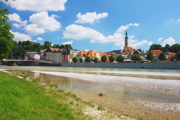 View across the isar river to the center Bad Tolz, Germany