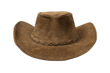 Brown cowboy leather hat isolated over white with clipping path.