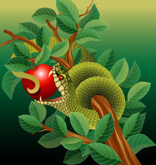 green snake in apple tree