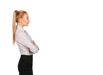 Profile of young businesswoman with folded hands