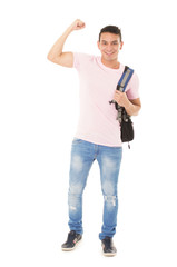 student wearing a backpack on white background