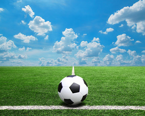 Football and soccer field grass stadium Blue sky background