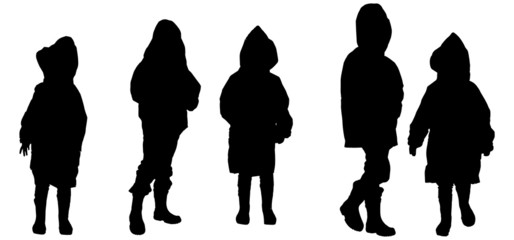 Vector silhouette of children in raincoats.
