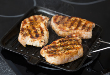 Pork steaks on a grill pan