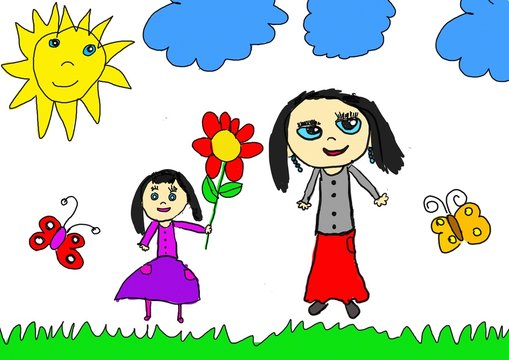 girl giving flowers for mother's day, children's illustration