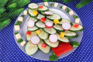 Christmas tree from cucumber on plate on table close-up