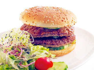 double beef burger with lettuce salad