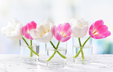 Beautiful tulips in bucket in vase on table on light background