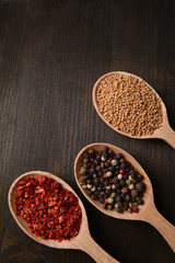 Different spices in spoons on wooden background