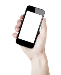 Hand holding smartphone, blank screen. isolated on white