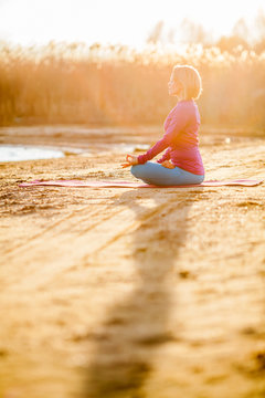 Yoga Meditation Exercising, Woman On Sunset