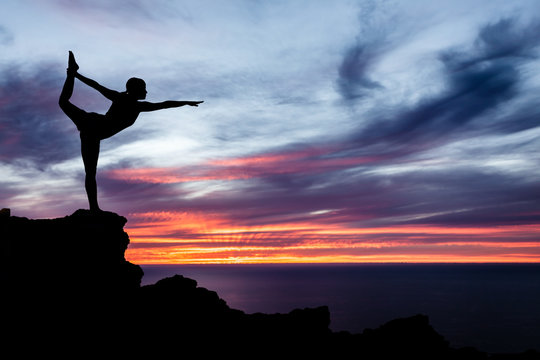 Yoga Woman Exercising, Ocean And Sunset